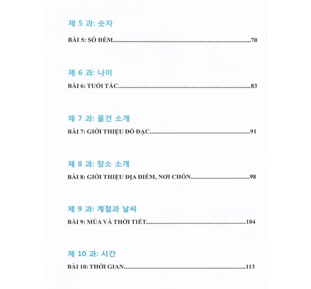Mục lục của sách 10 phút tự học tiếng Hàn mỗi ngày